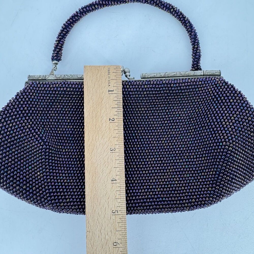 Vintage Purple Beaded Evening Bag Clutch Purse Silver Frame Kiss Lock 10” - Picture 9 of 11